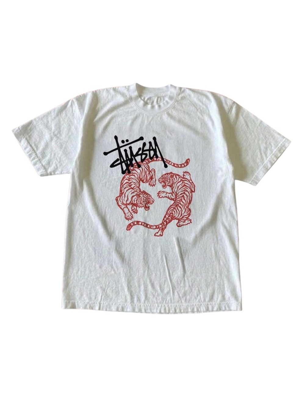 Double Red Tigers White Graphic T-Shirt